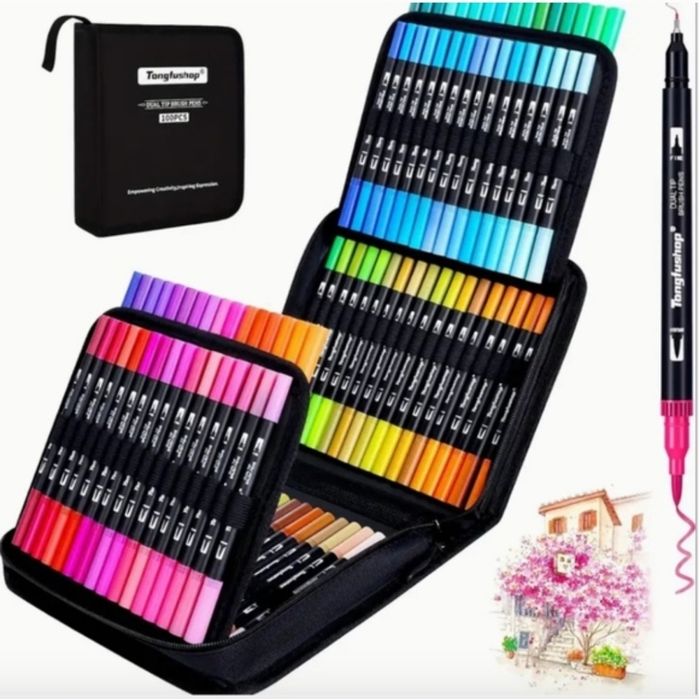 100 Color Dual Tip Brush Marker Set with Black Case